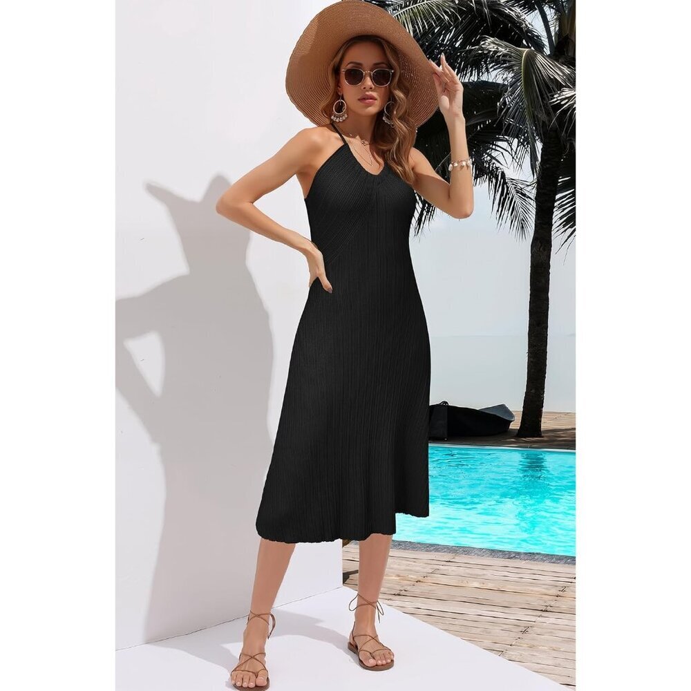 Women's V Neck Swing Dress Knit Adjustable Halter Summer Vacation Cozy - Picture 3 of 9